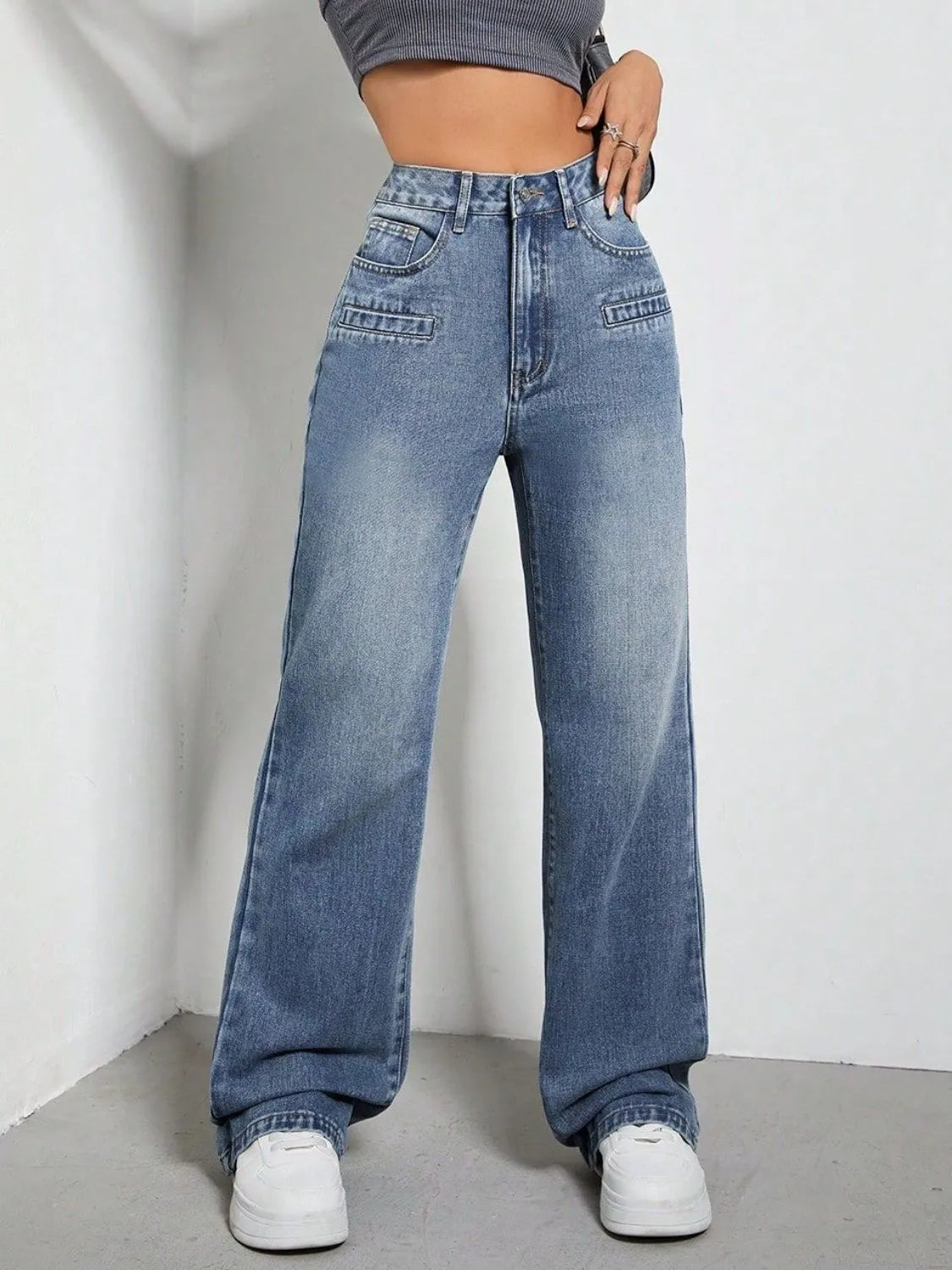 High Rise Wide Leg Jeans with Pockets - Wellen Fashion