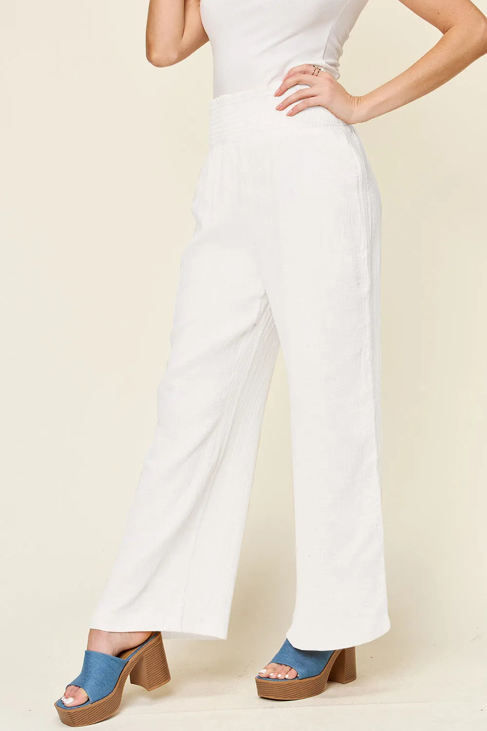 Double Take Full Size Texture Smocked Waist Wide Leg Pants - Wellen Fashion