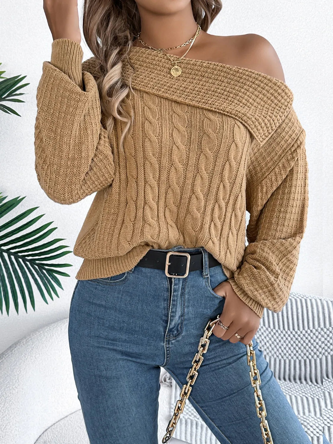 Cable-Knit One Shoulder Long Sleeve Sweater - Wellen Fashion