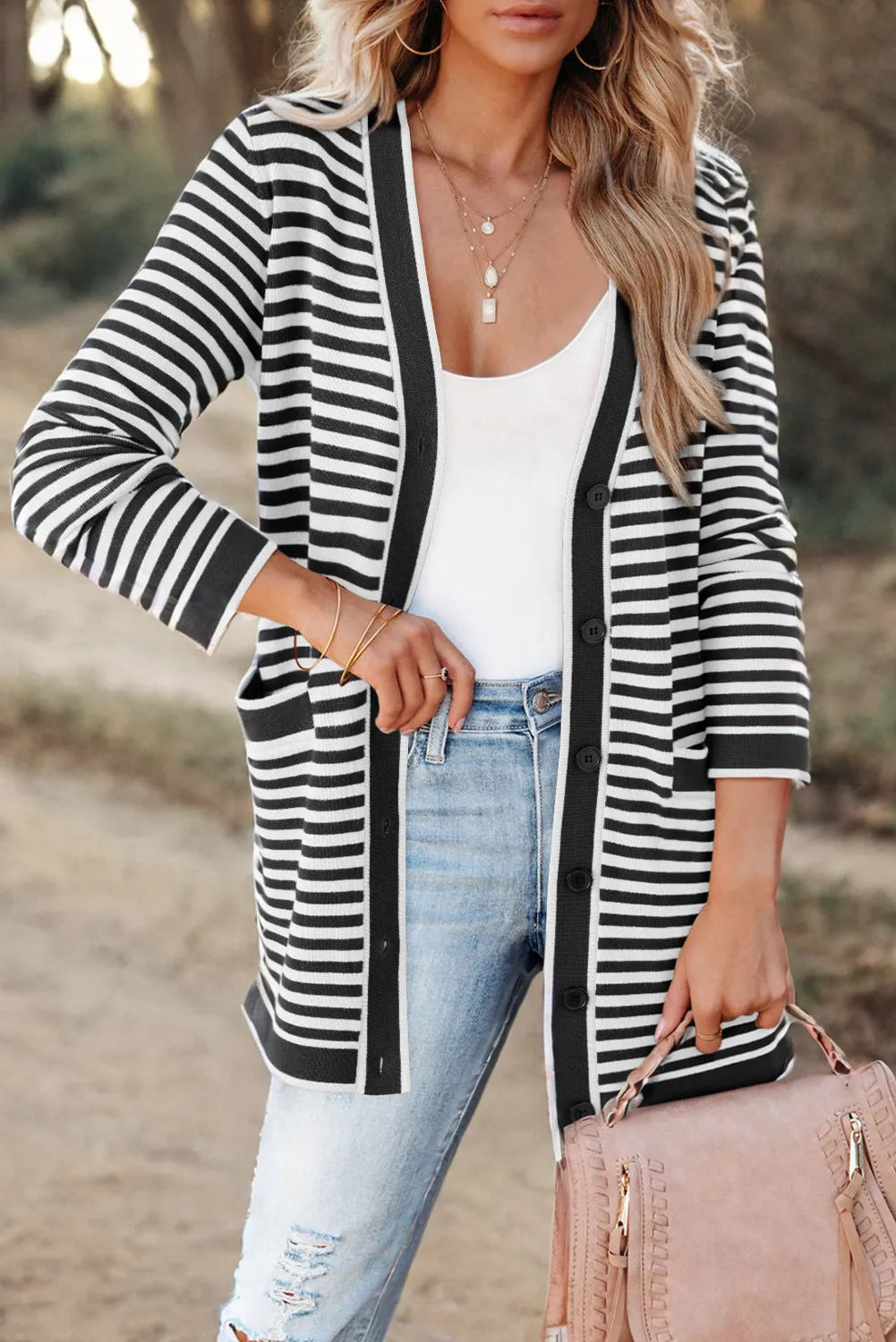 Striped Open Front Long Sleeve Cardigan - Wellen Fashion