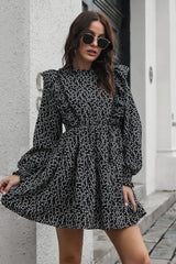 Printed Ruffle Trim Smocked Long Sleeve Mini Dress - Wellen Fashion