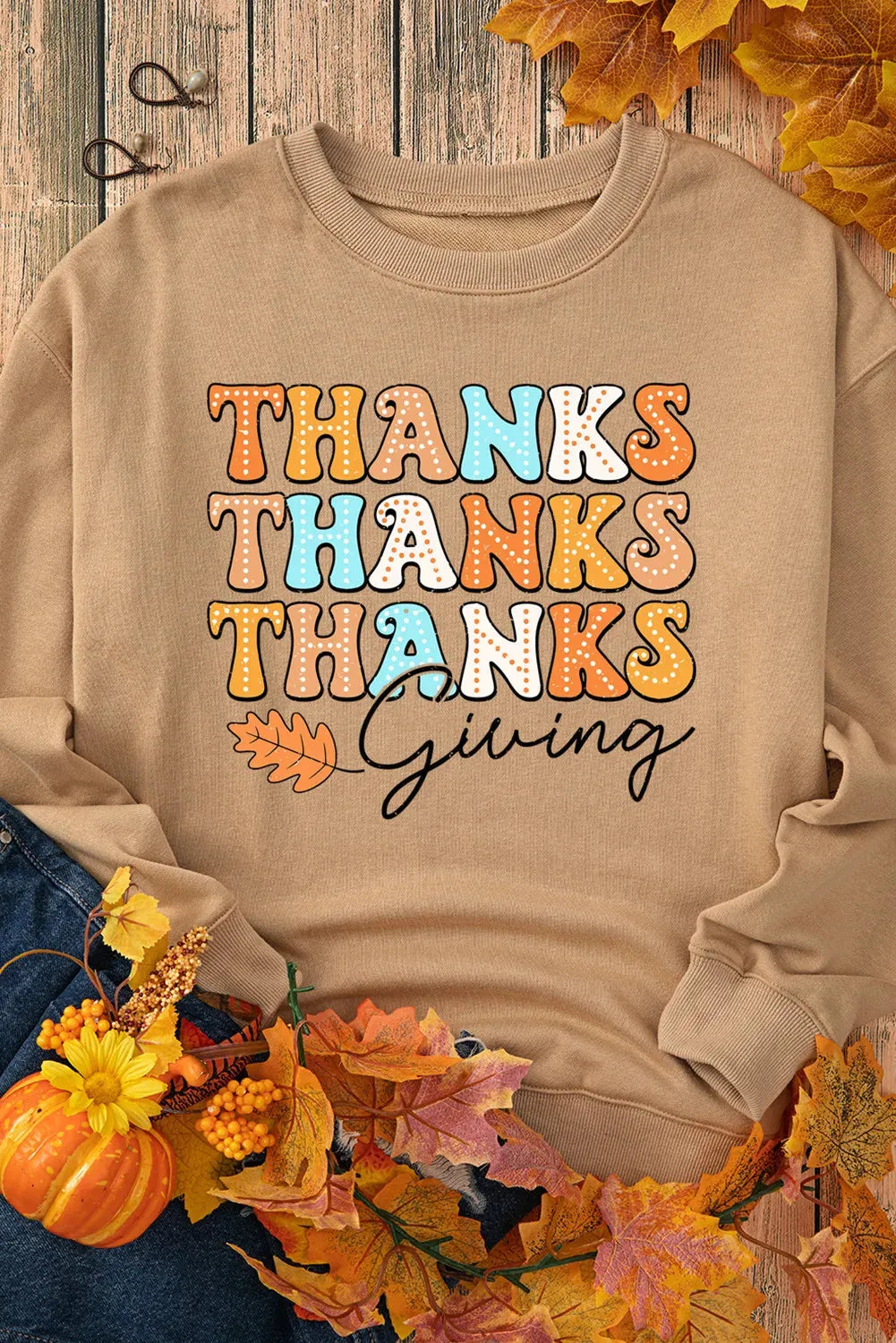 THANKSGIVING Round Neck Dropped Shoulder Sweatshirt - Wellen Fashion