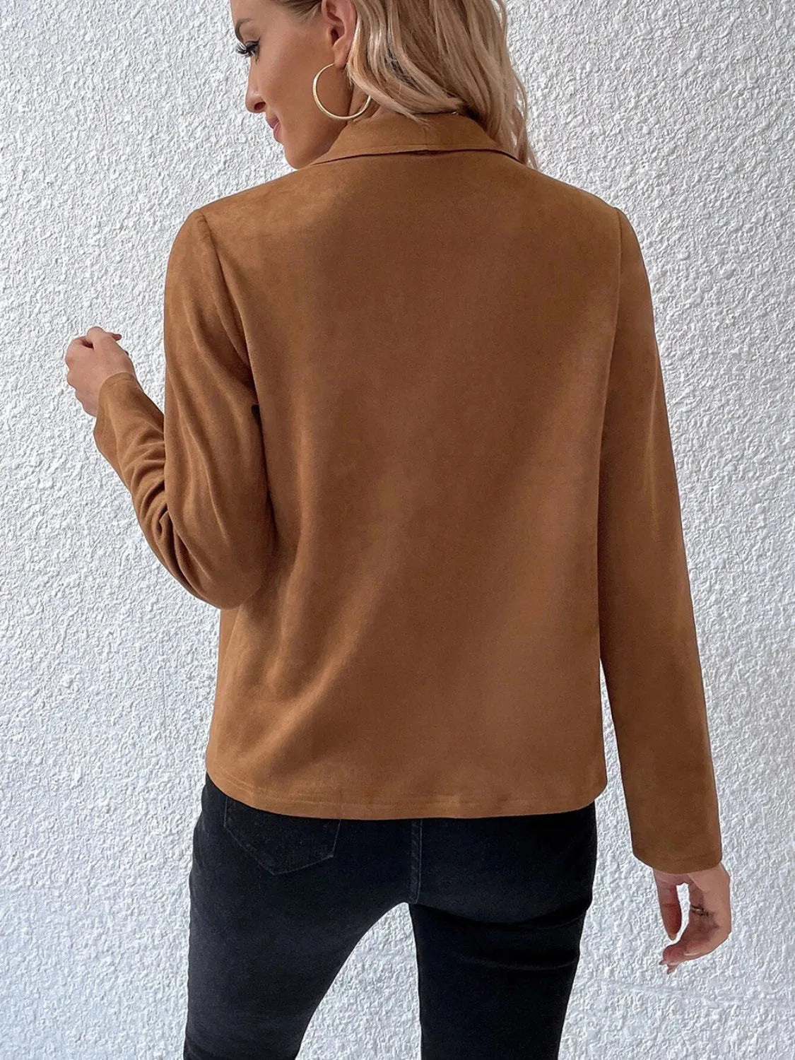 Collared Neck Long Sleeve Jacket - Wellen Fashion