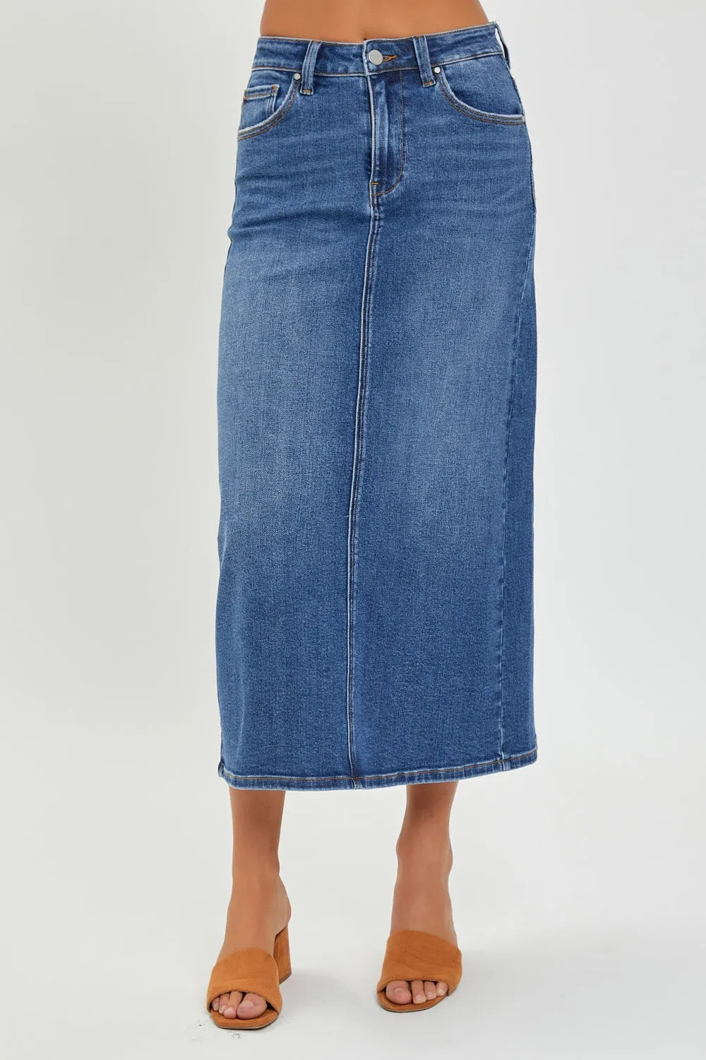 RISEN High Rise Back Slit Denim Skirt - Wellen Fashion