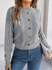 Cable-Knit Buttoned Round Neck Sweater - Wellen Fashion