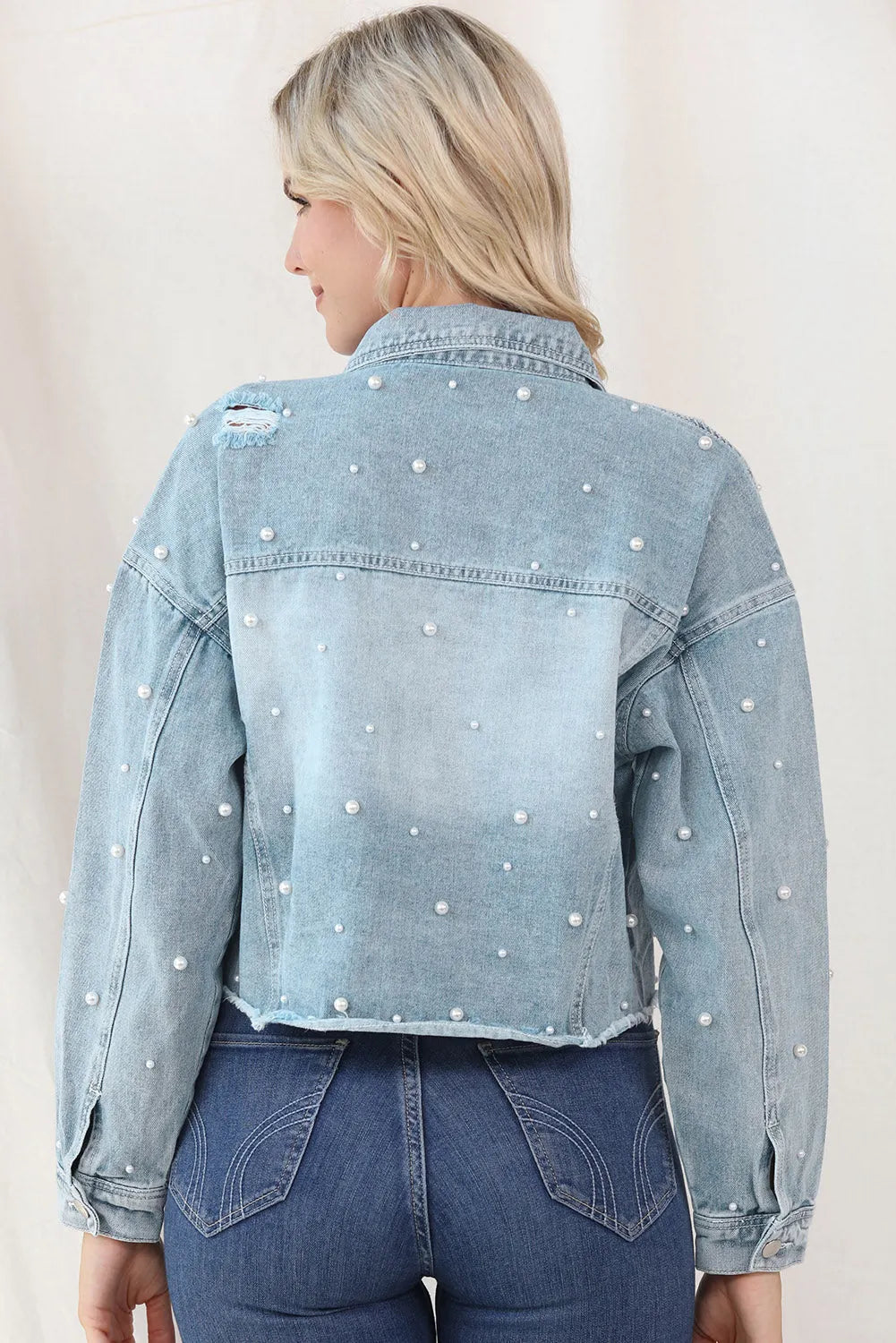 Distressed Pearl Trim Button Up Denim Jacket - Wellen Fashion