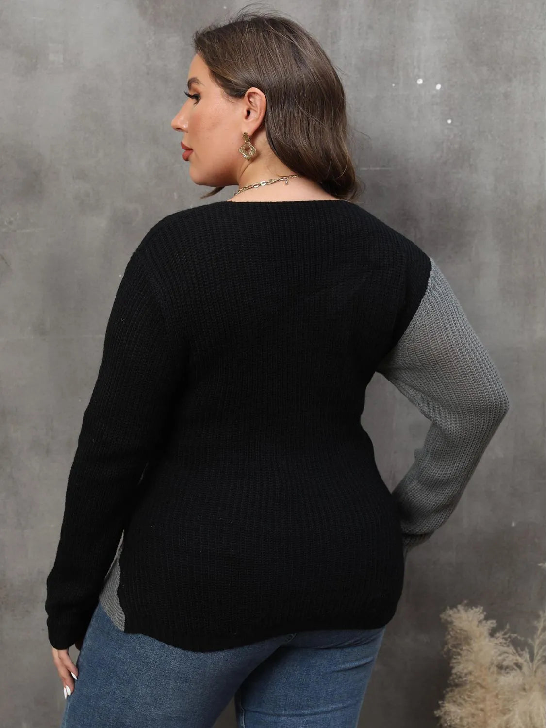 Plus Size Two-Tone Surplice Neck Sweater - Wellen Fashion