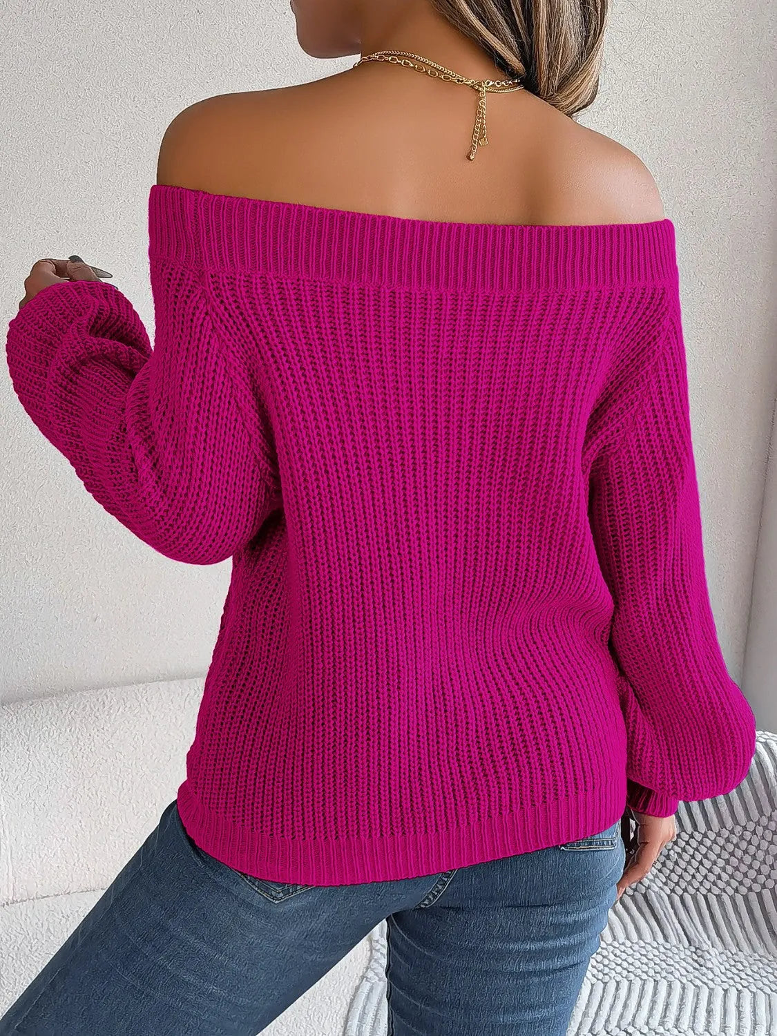 Openwork Off-Shoulder Long Sleeve Sweater - Wellen Fashion