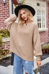 Ribbed Drop Shoulder Lantern Sleeve Sweater - Wellen Fashion