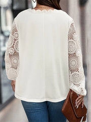 Plus Size Lace Detail V-Neck Long Sleeve T-Shirt - Wellen Fashion