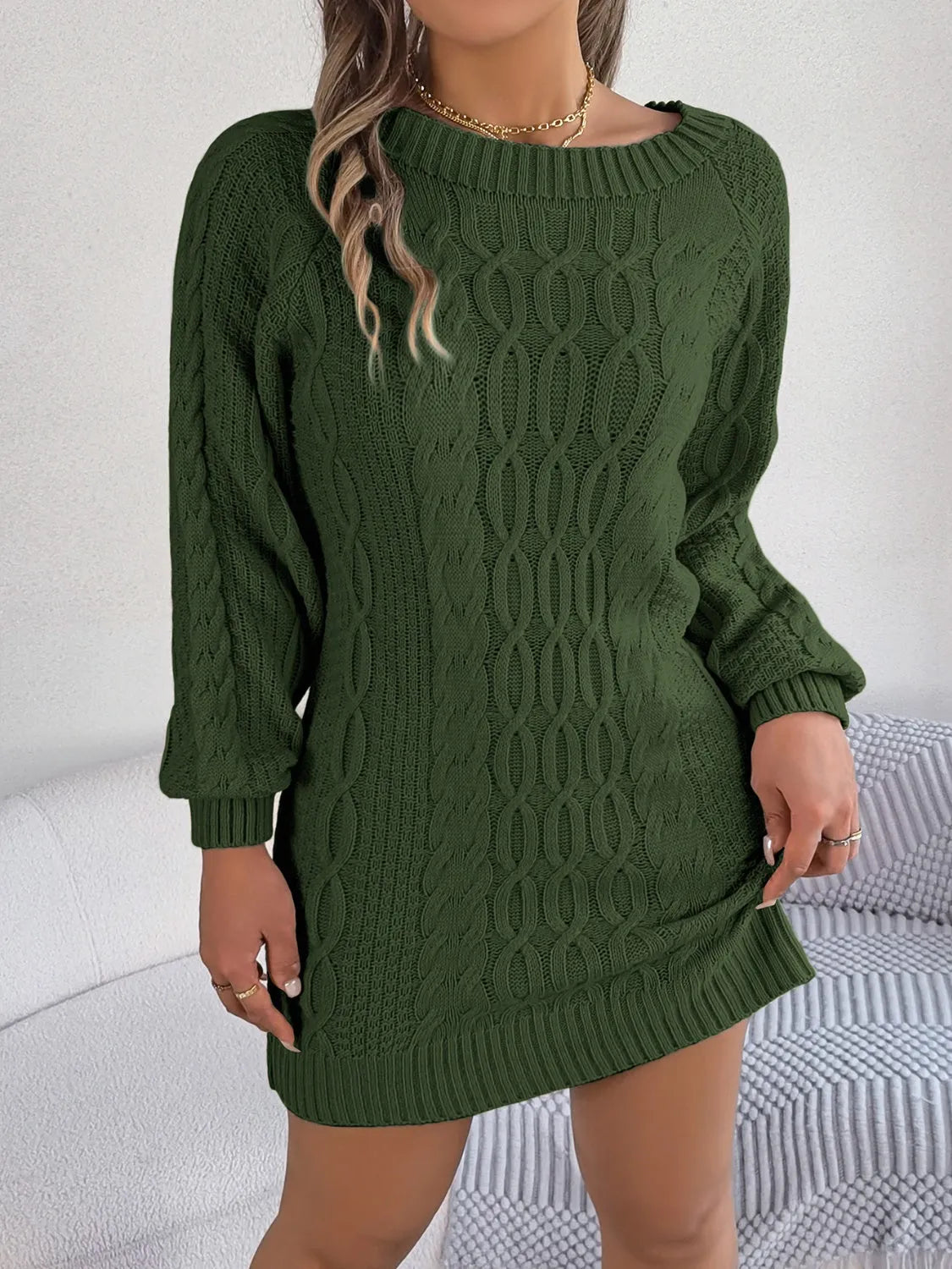 Cable-Knit Round Neck Sweater Dress - Wellen Fashion