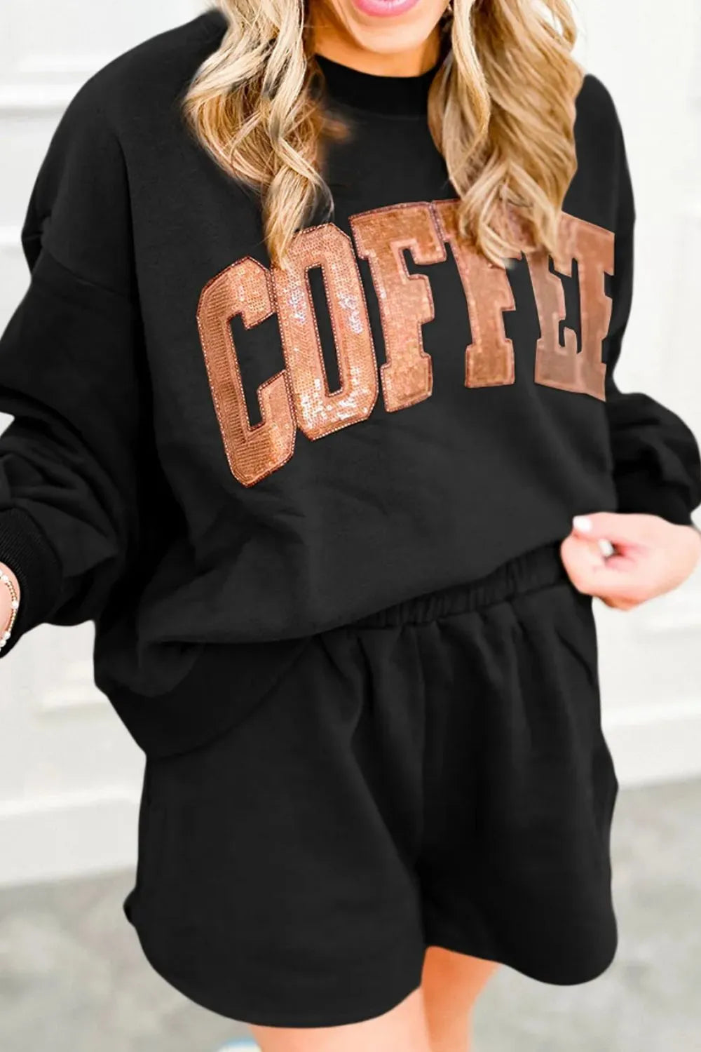 COFFEE Sequin Round Neck Long Sleeve Top and Shorts Set - Wellen Fashion