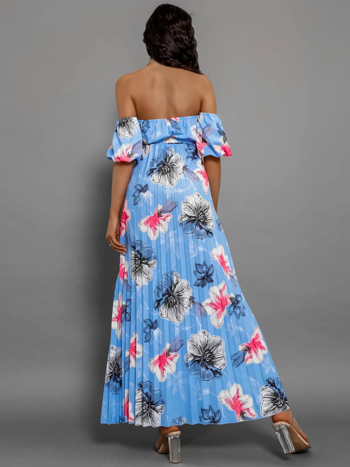 Pleated Floral Off-Shoulder Short Sleeve Midi Dress - Wellen Fashion