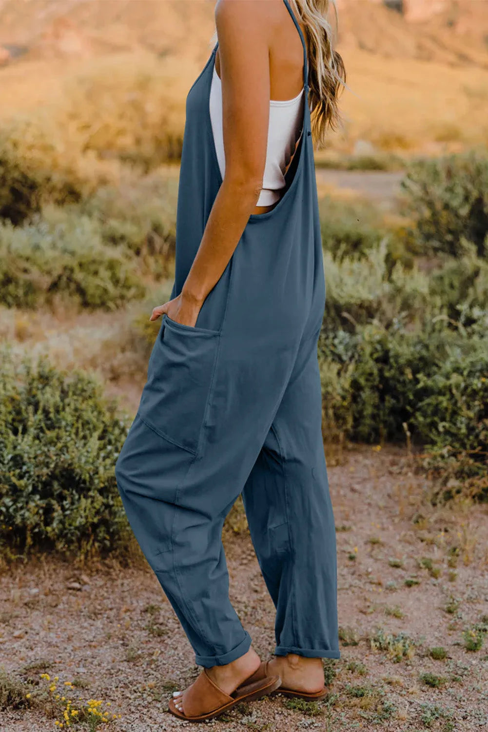 Double Take Full Size V-Neck Sleeveless Jumpsuit with Pockets - Wellen Fashion