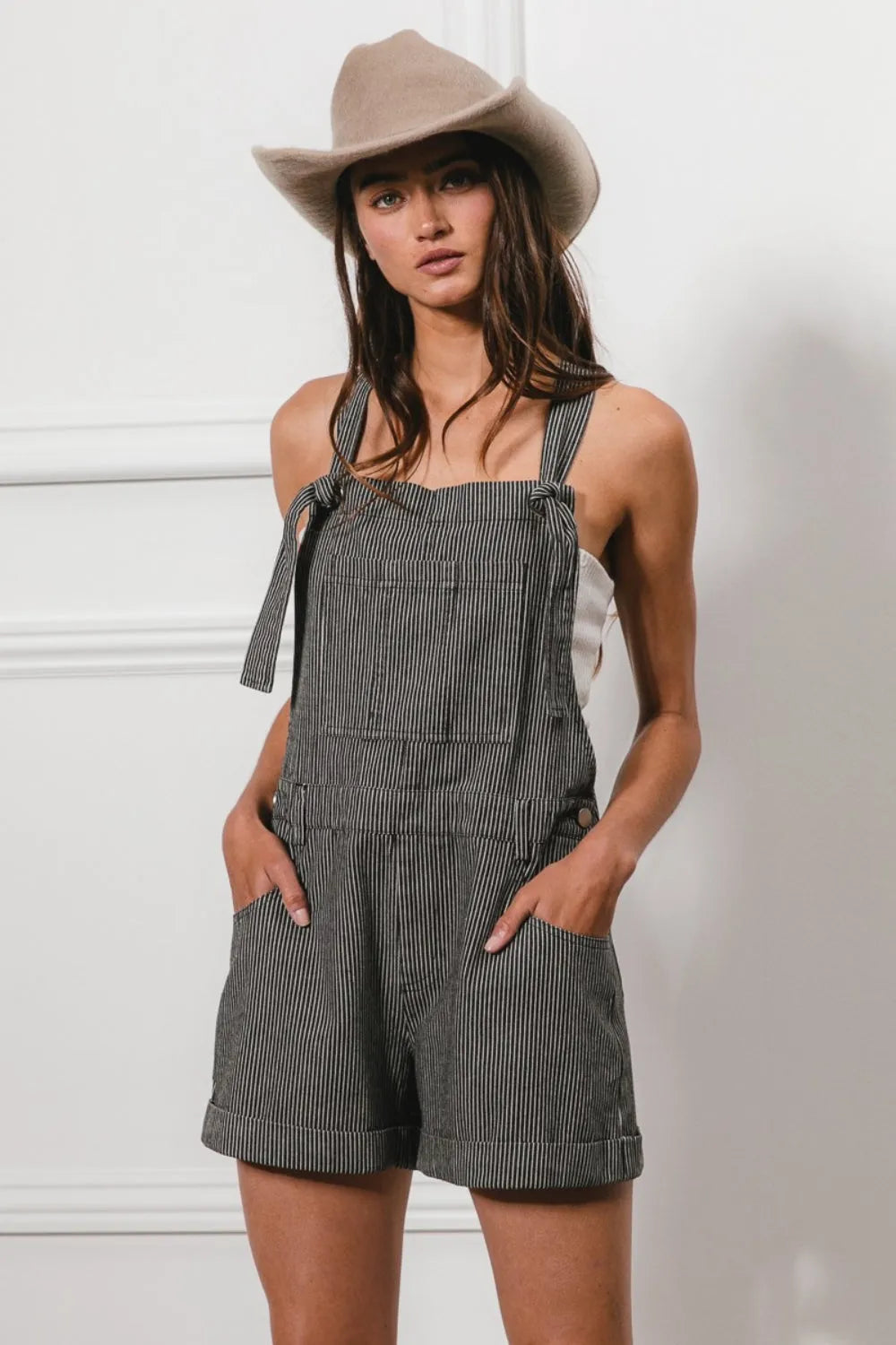 BiBi Tie Strap Washed Stripe Denim Overalls - Wellen Fashion