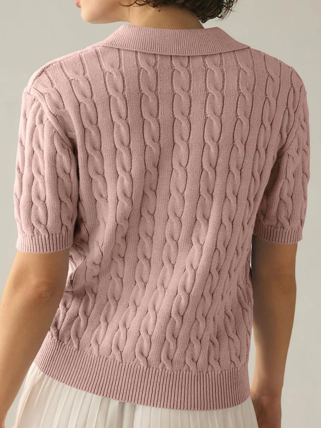 Cable-Knit Collared Neck Half Sleeve Sweater - Wellen Fashion