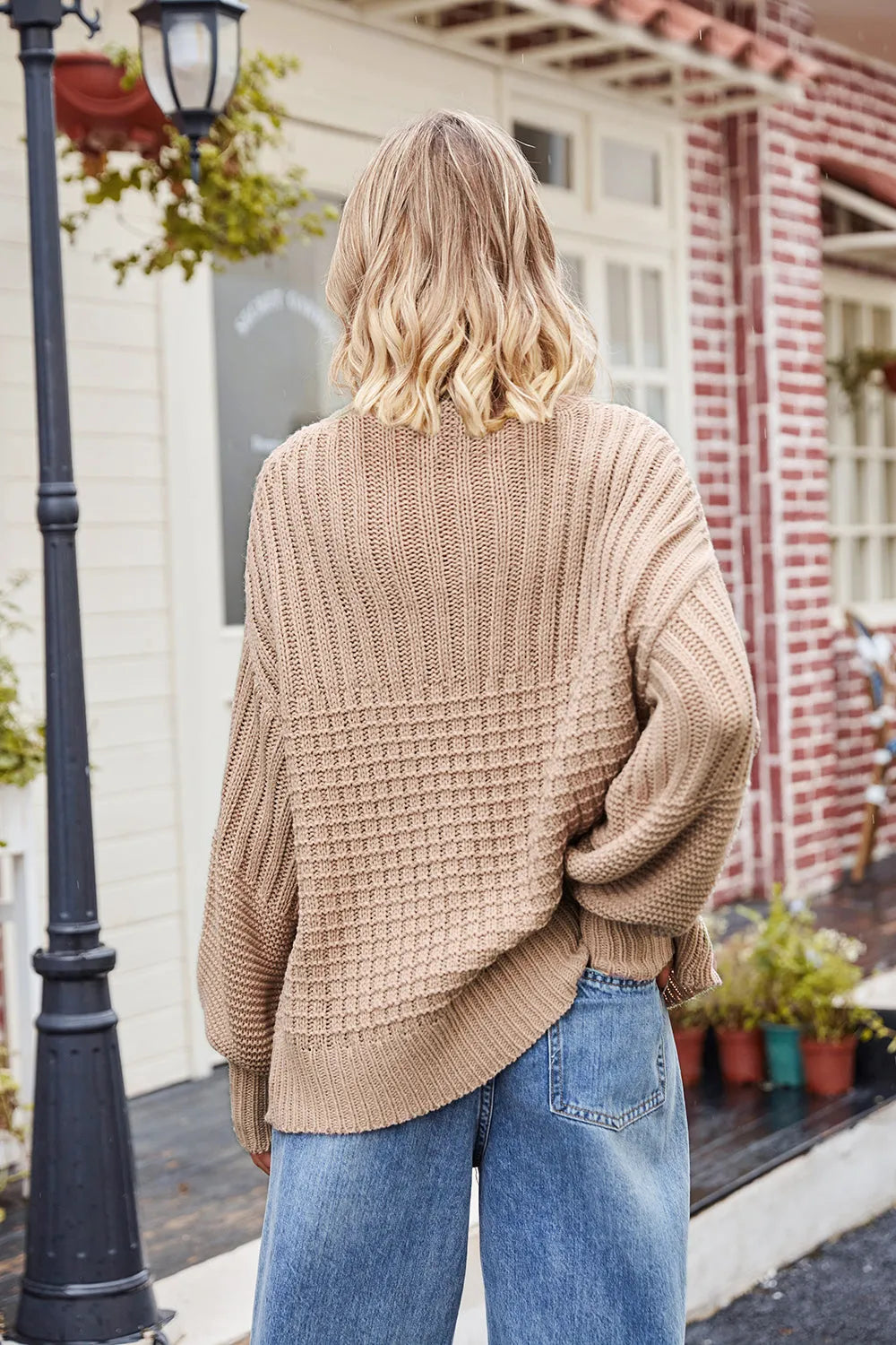 Ribbed Drop Shoulder Lantern Sleeve Sweater - Wellen Fashion