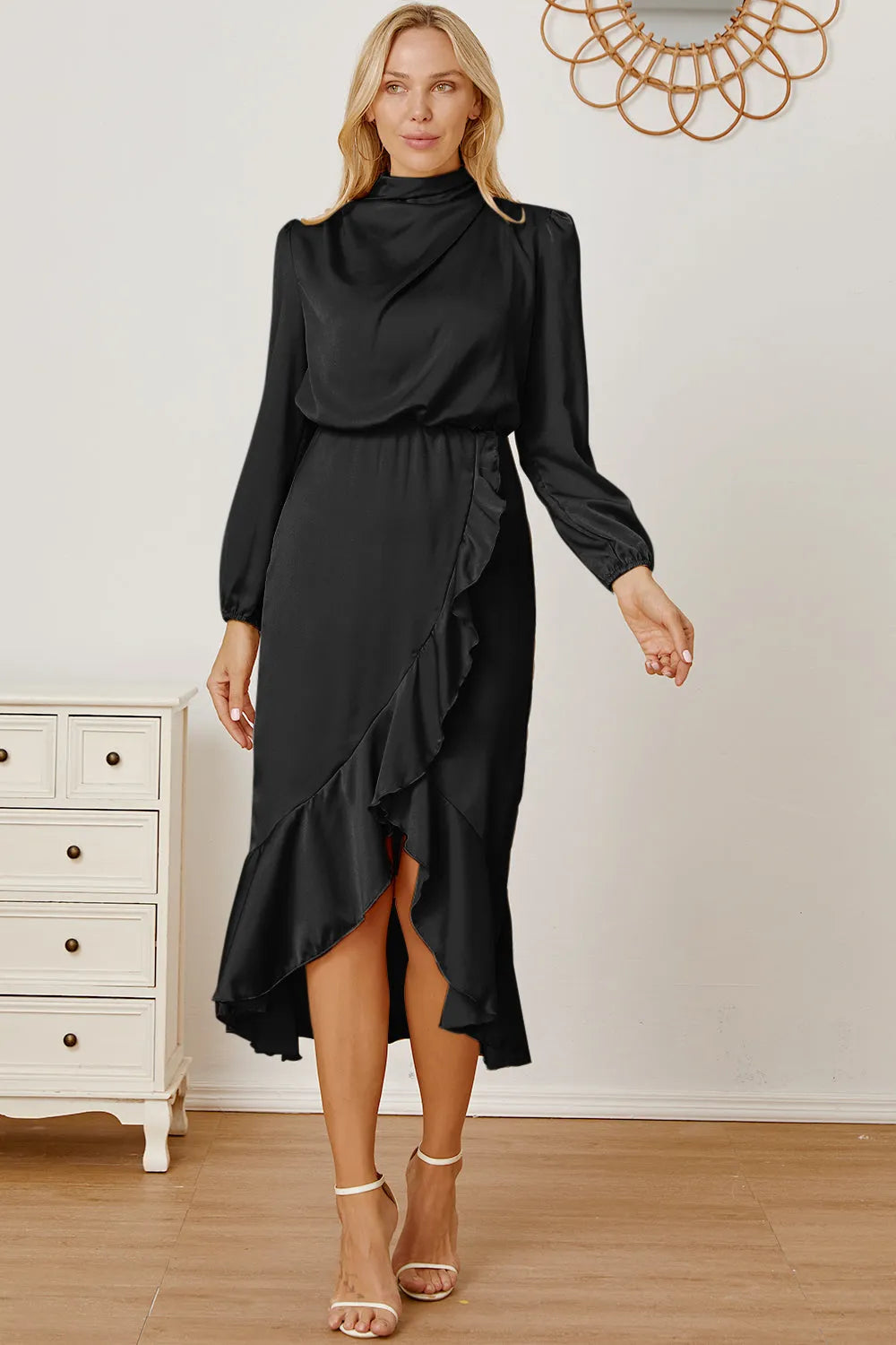 Mock Neck Ruffled Asymmetrical Dress - Wellen Fashion