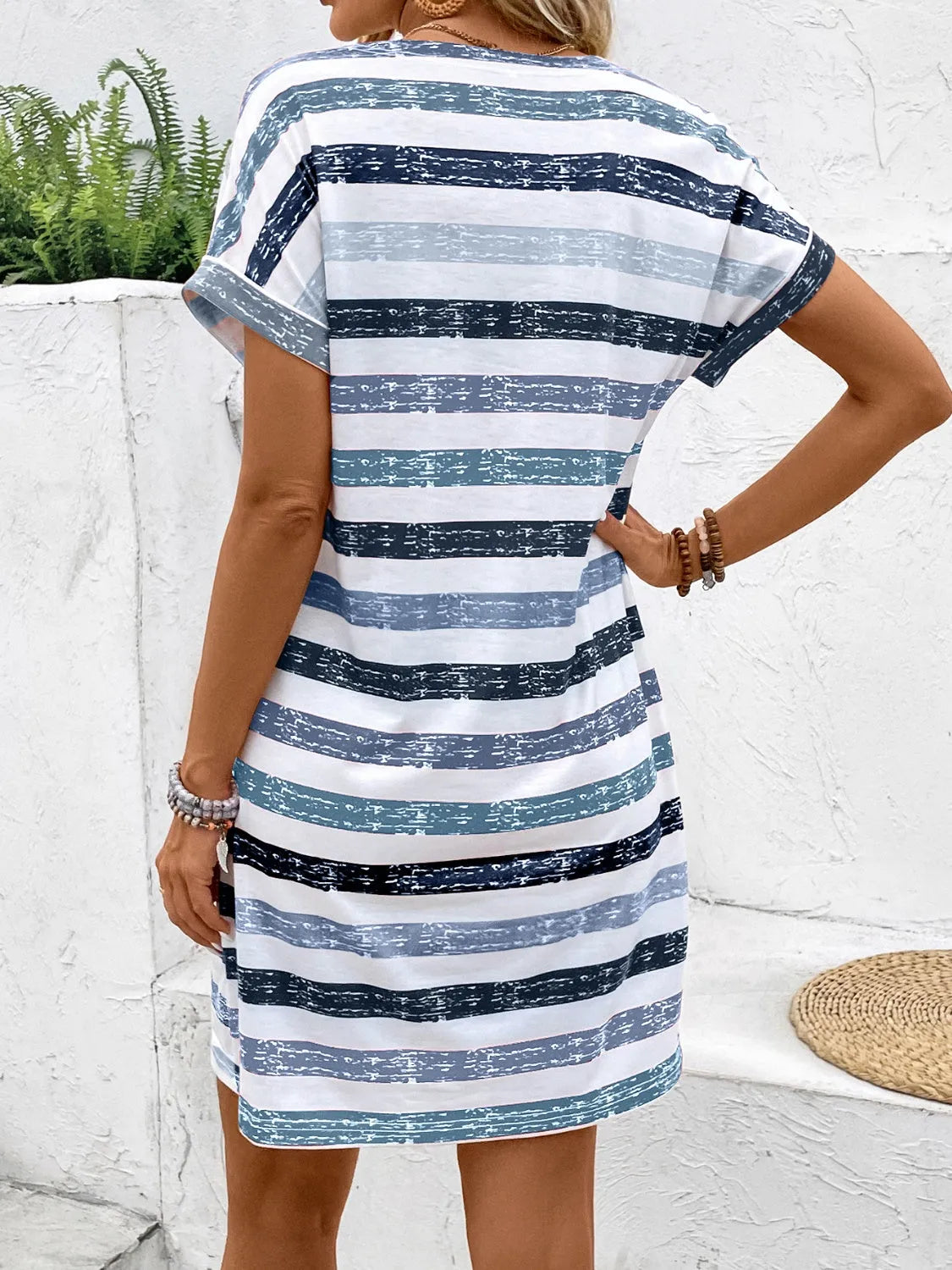 Striped V-Neck Short Sleeve Dress - Wellen Fashion