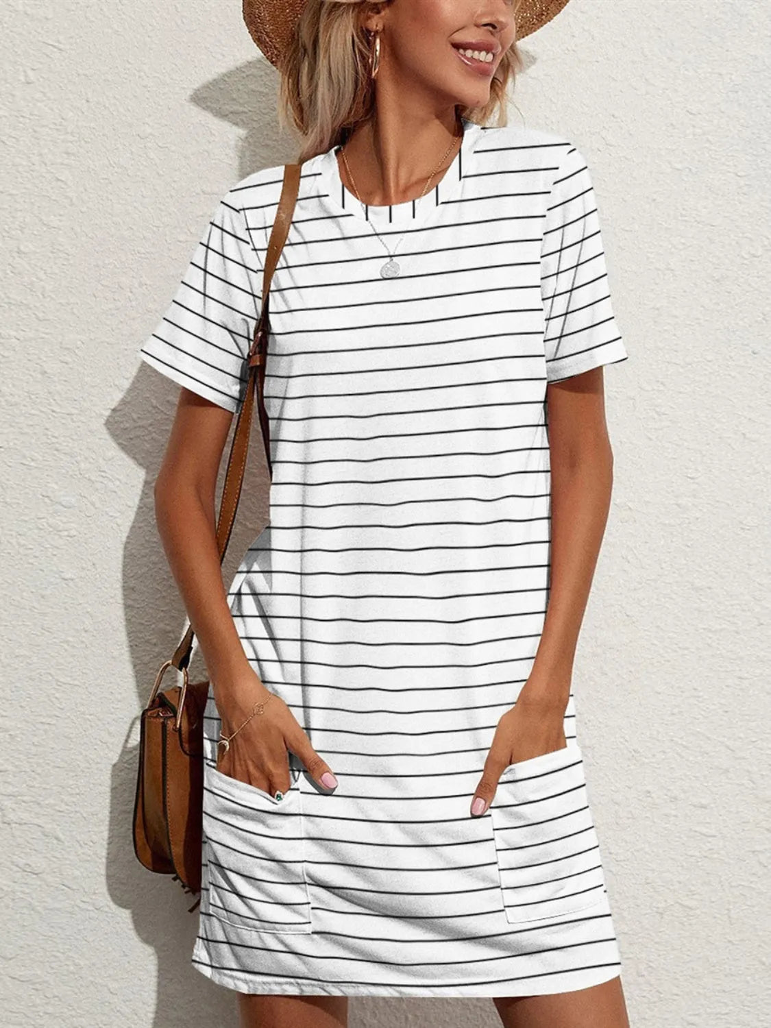 FAM-FAM Pocketed Striped Round Neck Short Sleeve Dress - Wellen Fashion