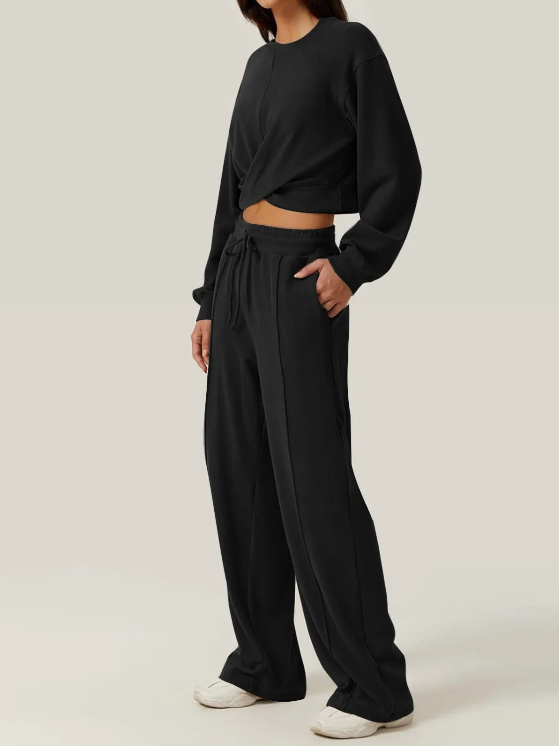 Crisscross Round Neck Top and Drawstring Pants Set - Wellen Fashion