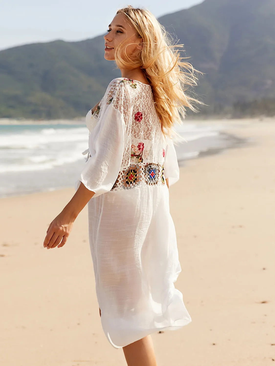 Tied Lace Three-Quarter Sleeve Cover-Up - Wellen Fashion