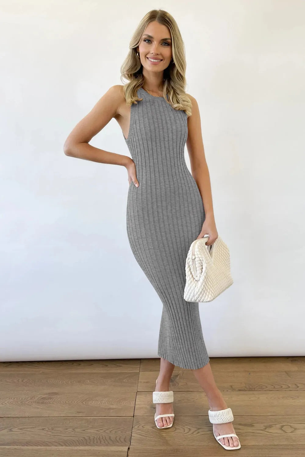 Slit Ribbed Round Neck Sleeveless Dress - Wellen Fashion