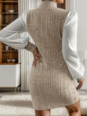 Ribbed Contrast Long Sleeve Sweater Dress - Wellen Fashion