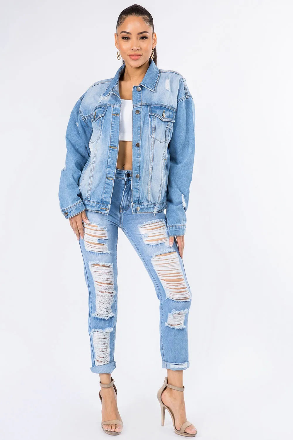 American Bazi Graphic Distressed Long Sleeve Denim Jacket - Wellen Fashion