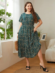 Honey Plus Size Floral Round Neck Short Sleeve Midi Dress - Wellen Fashion