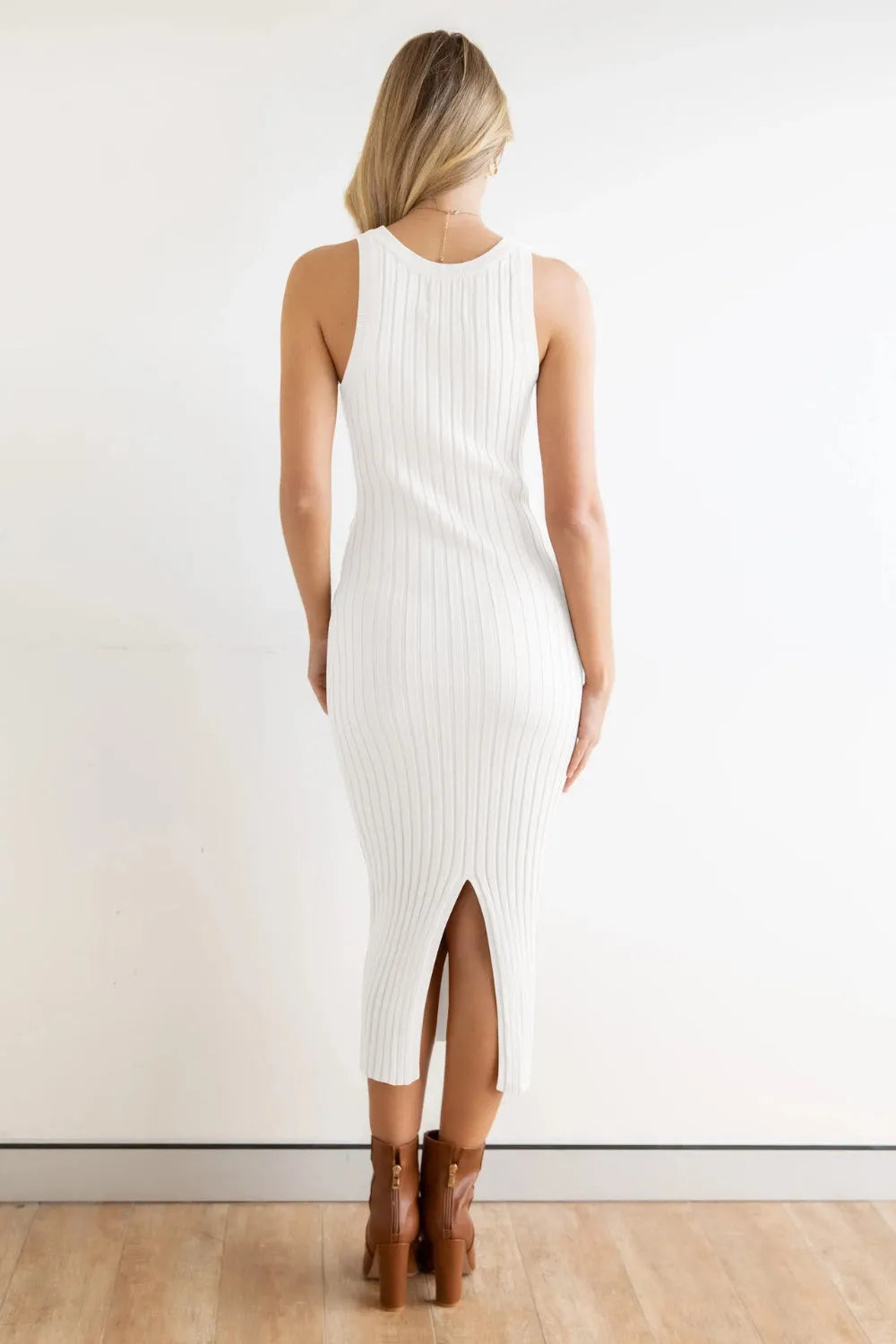 Slit Ribbed Round Neck Sleeveless Dress - Wellen Fashion