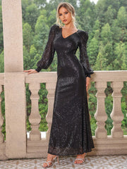 Sequin V-Neck Lantern Sleeve Maxi Dress - Wellen Fashion