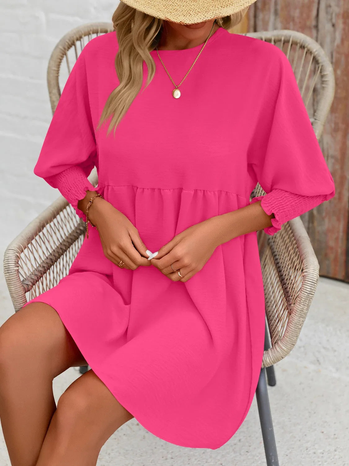 Round Neck Lantern Sleeve Mini Dress - Wellen Fashion