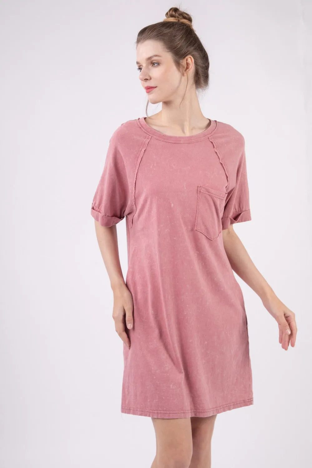 VERY J Washed Round Neck Mini Tee Dress - Wellen Fashion