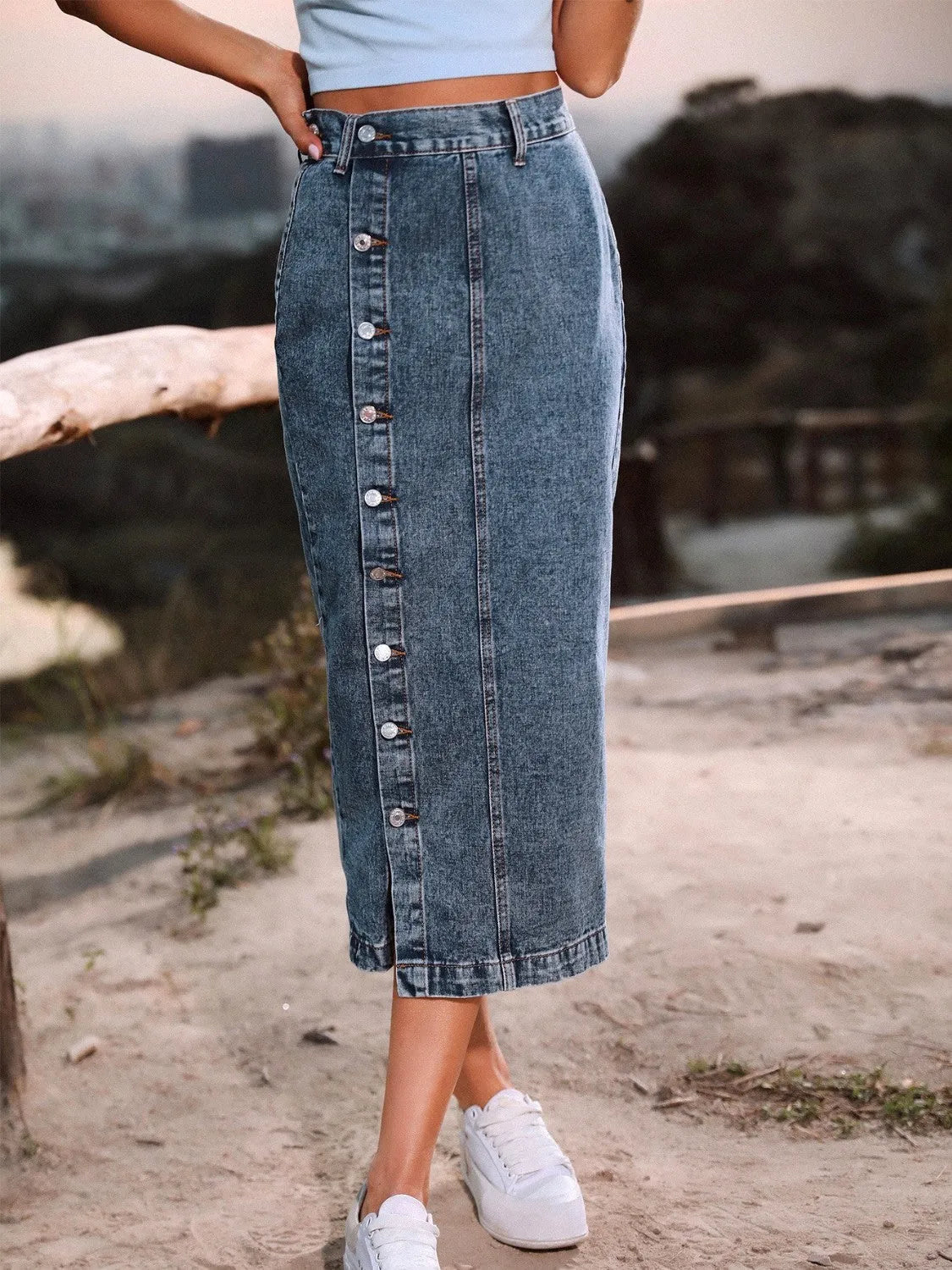 Button Down Denim Skirt - Wellen Fashion