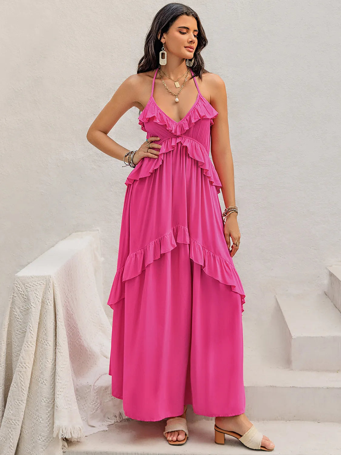 Ruffled Halter Neck Maxi Dress - Wellen Fashion