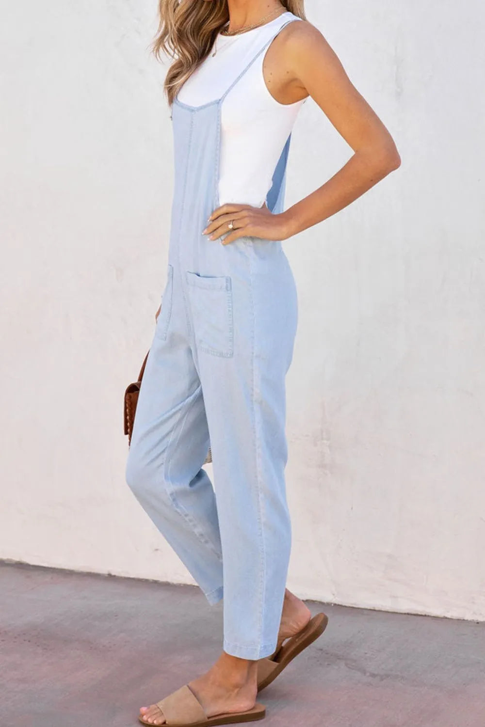 Spaghetti Strap Denim Overalls with Pockets - Wellen Fashion