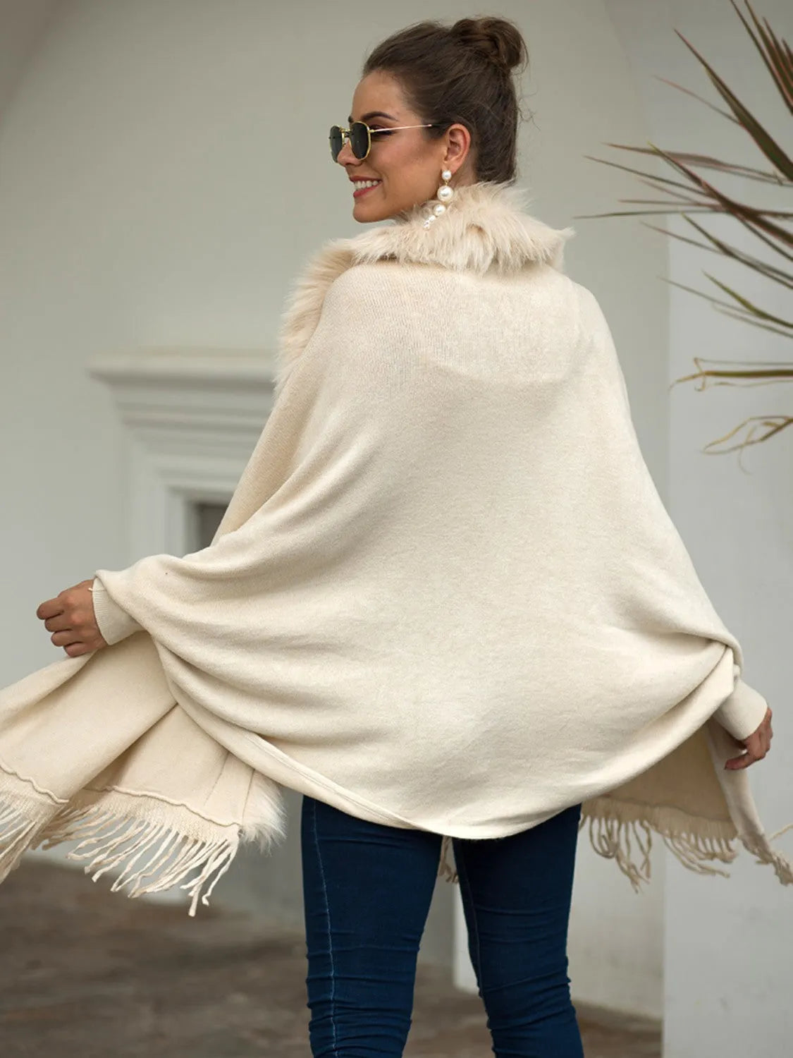 Fringe Open Front Long Sleeve Poncho - Wellen Fashion