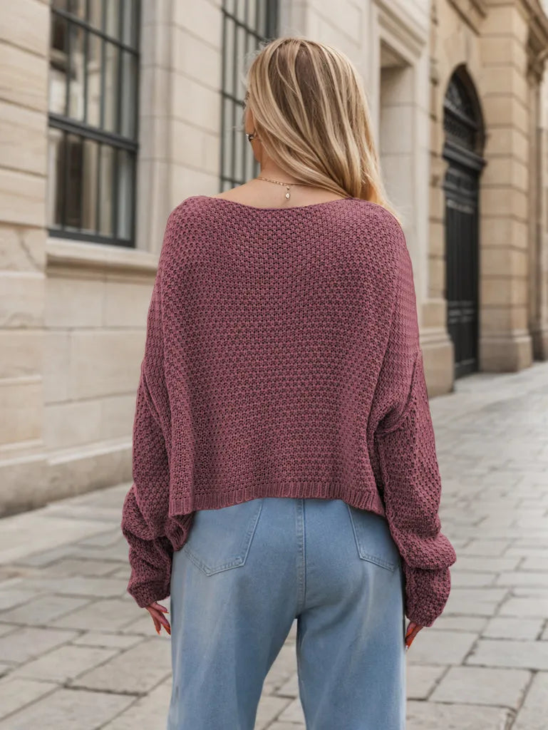 Round Neck Dropped Shoulder Long Sleeve Sweater