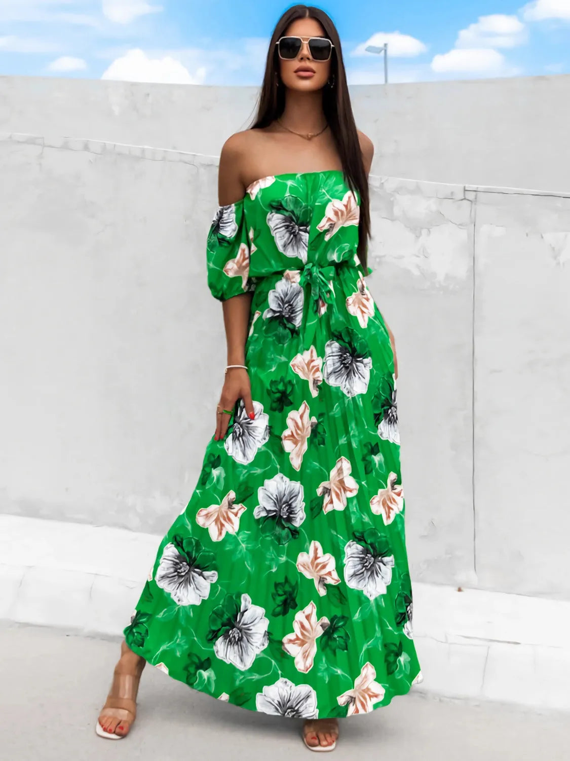 Pleated Floral Off-Shoulder Short Sleeve Midi Dress - Wellen Fashion