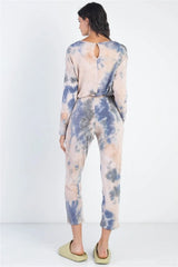 Cherish Apparel Tie-Dye Round Neck Long Sleeve Jumpsuit - Wellen Fashion