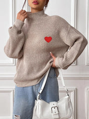 Heart Turtleneck Dropped Shoulder Long Sleeve Sweater - Wellen Fashion