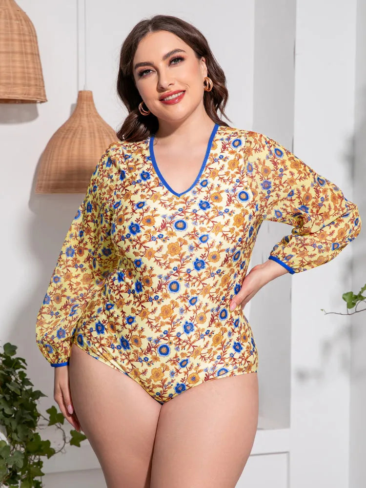 Plus Size Floral Open Back Long Sleeve One-Piece Swimsuit - Wellen Fashion