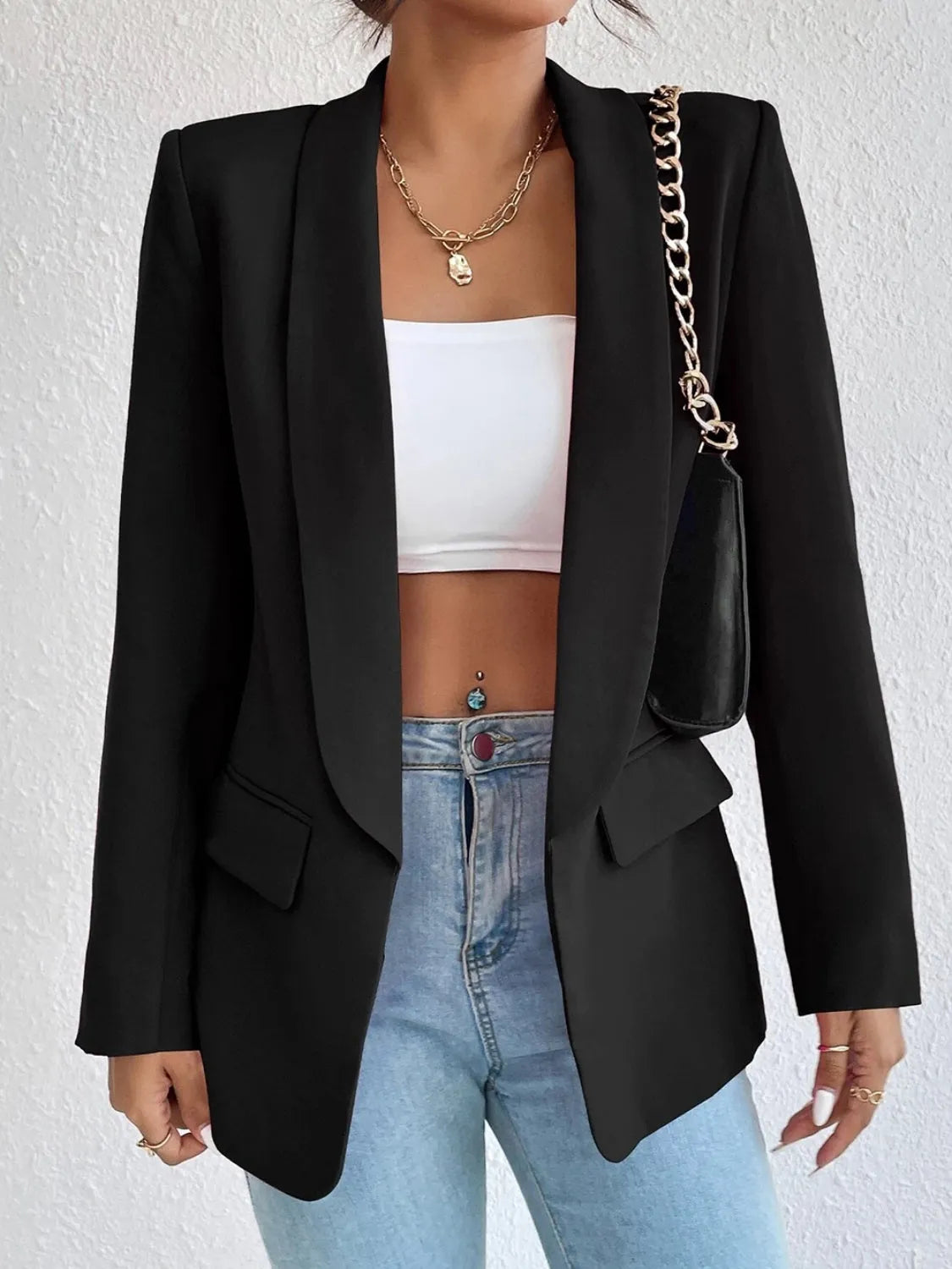 Shawl Collar Long Sleeve Blazer - Wellen Fashion