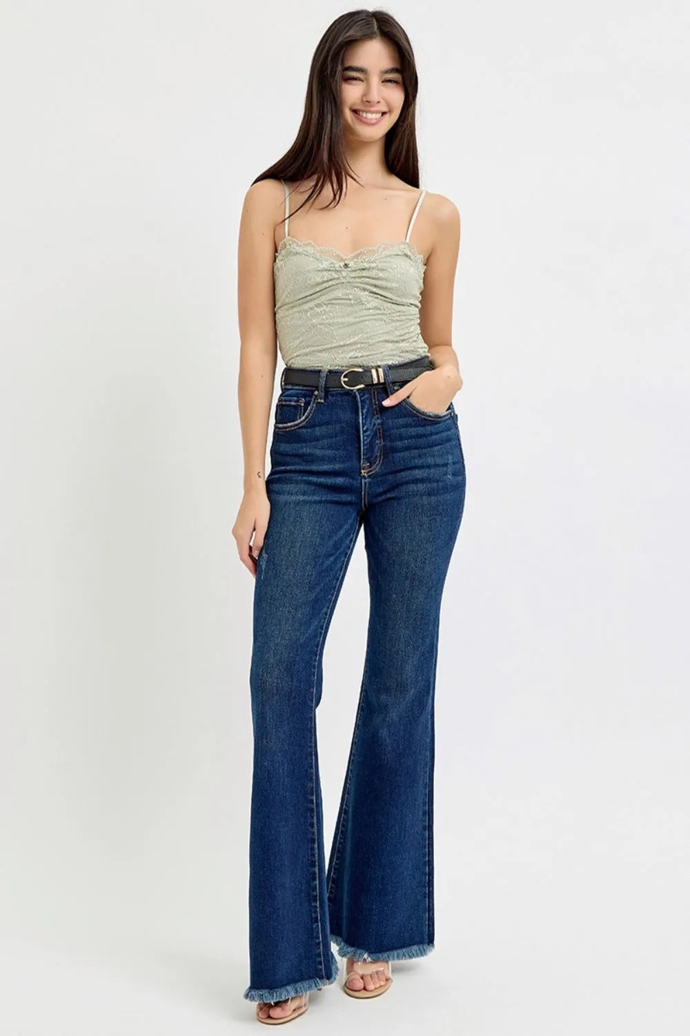 RISEN Tummy Control Frayed Hem Flare Jeans - Wellen Fashion