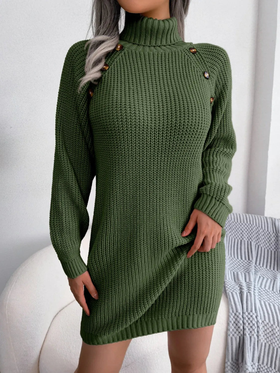 Decorative Button Turtleneck Sweater Dress - Wellen Fashion