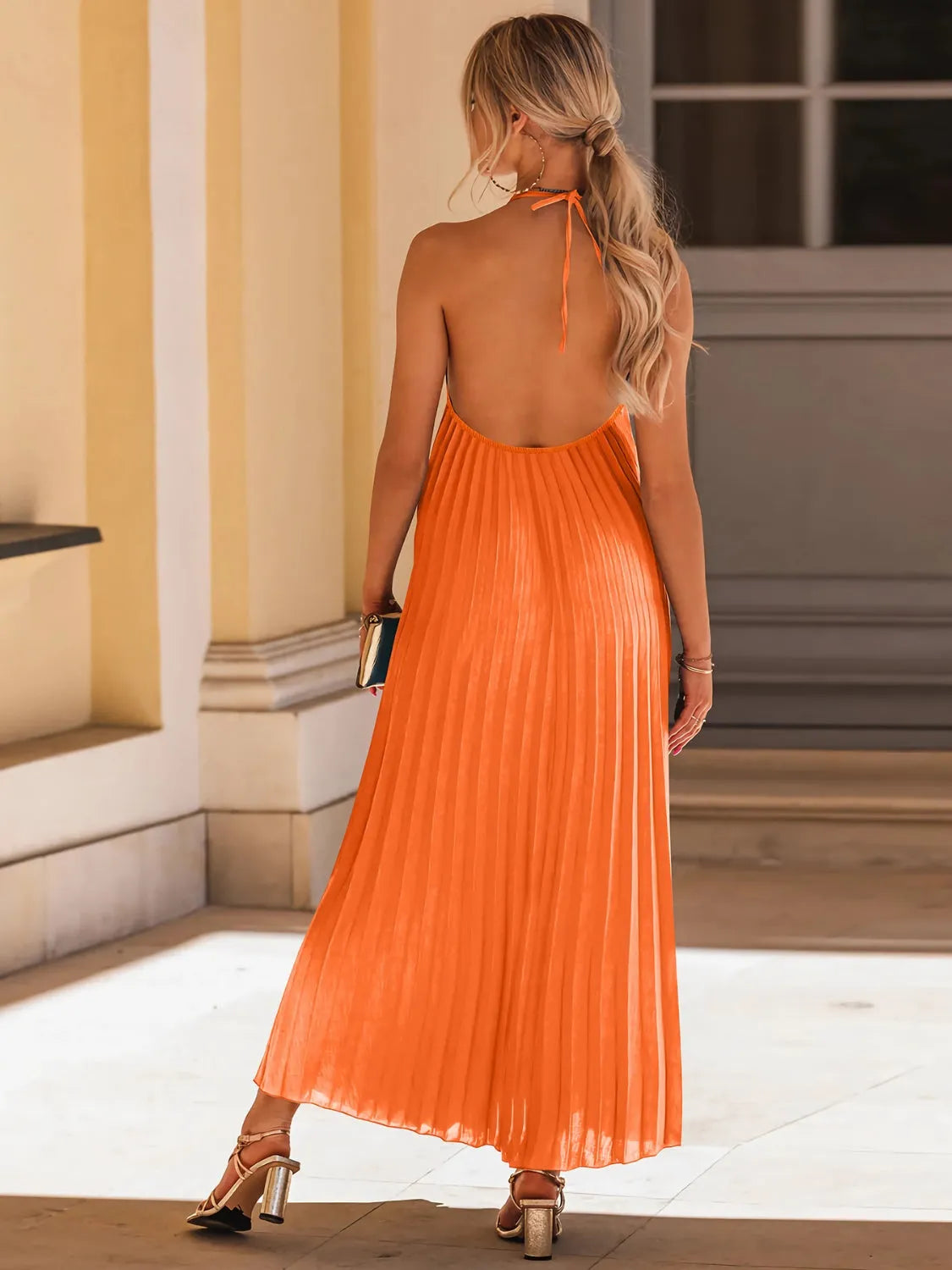 Backless Pleated Halter Neck Dress - Wellen Fashion