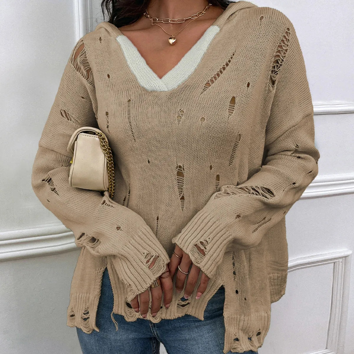 Distressed Slit Drop Shoulder Hooded Sweater - Wellen Fashion