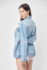 RISEN Full Size Distressed Long Sleeve Denim Jacket - Wellen Fashion