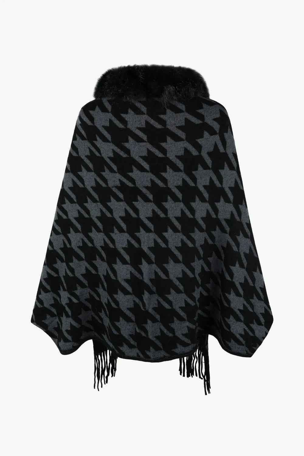 Houndstooth Fringe Hem Poncho - Wellen Fashion